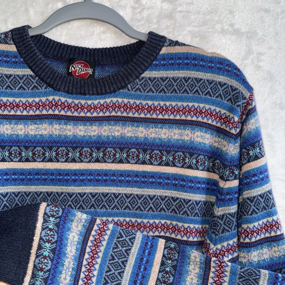 Vtg Nick Danger Sweater Mens Large Long Sleeve‎ Crew Neck Fair Isle Y2K Hipster